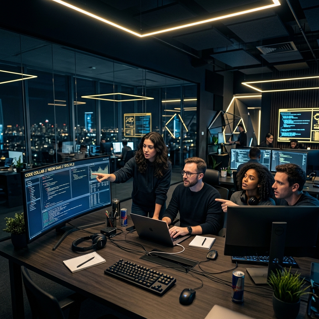 Modern Office with software developers discussing projects